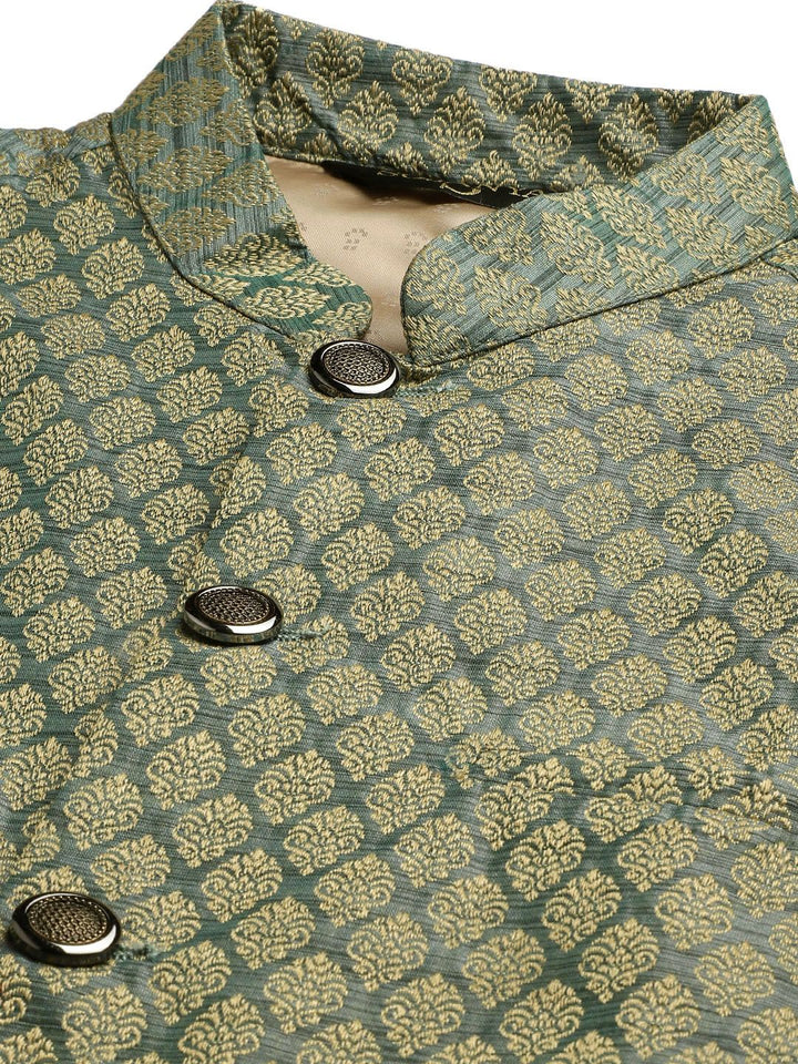 SOJANYA Set Kurta Lelaki Motif Etnik Hijau Dengan Jaket Nehru