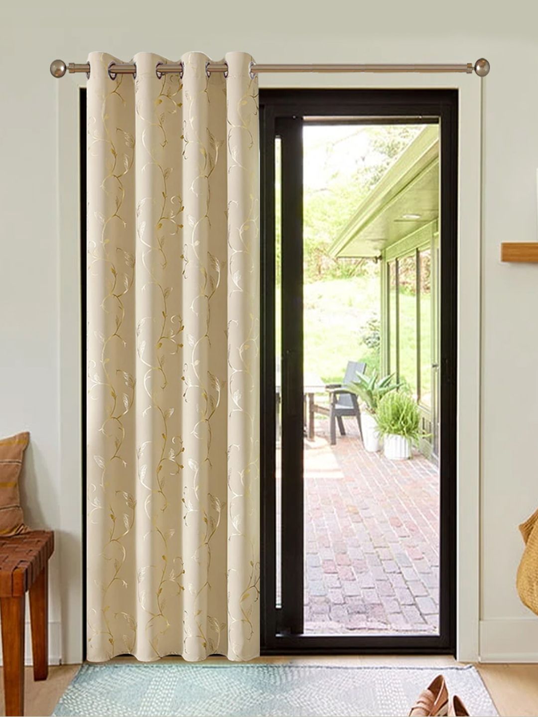 URBAN SPACE Beige & Yellow Floral Printed Black Out Window Curtain