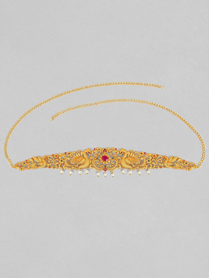 Rubans 24K Gold Plated Ruby dengan Rantaian Pakaian Pakul Paking Kamarbandh dengan Mutiara Drop