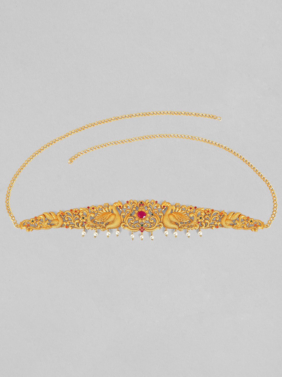 Rubans 24K Gold Plated Ruby dengan Rantaian Pakaian Pakul Paking Kamarbandh dengan Mutiara Drop