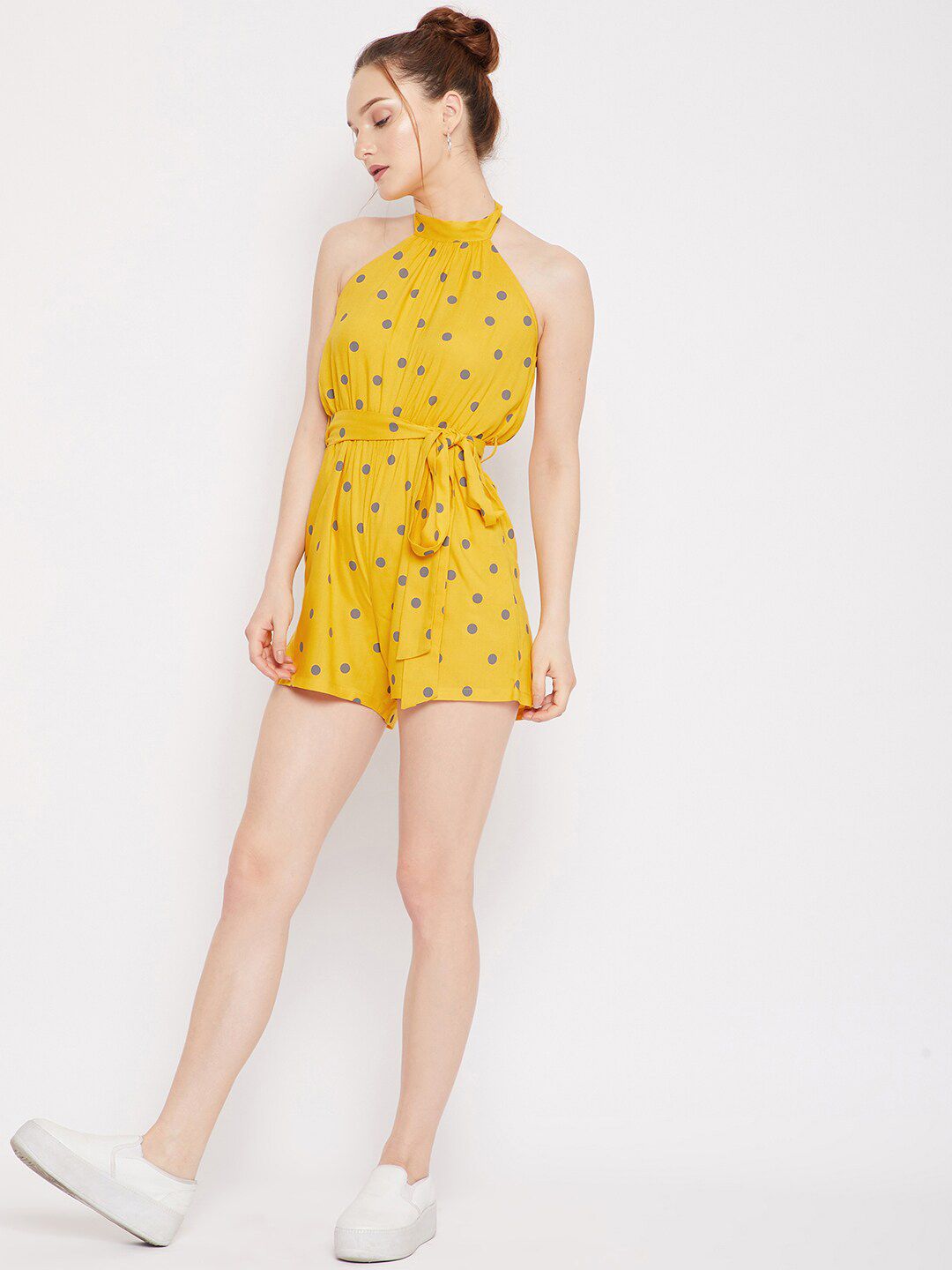 Berrylush Woman Yellow & Grey Polka Halter Neck Printed Jumpsuit