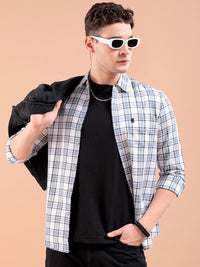 The Indian Garage Co Men White & Blue Gingham Checked Pure Cotton Casual Shirt