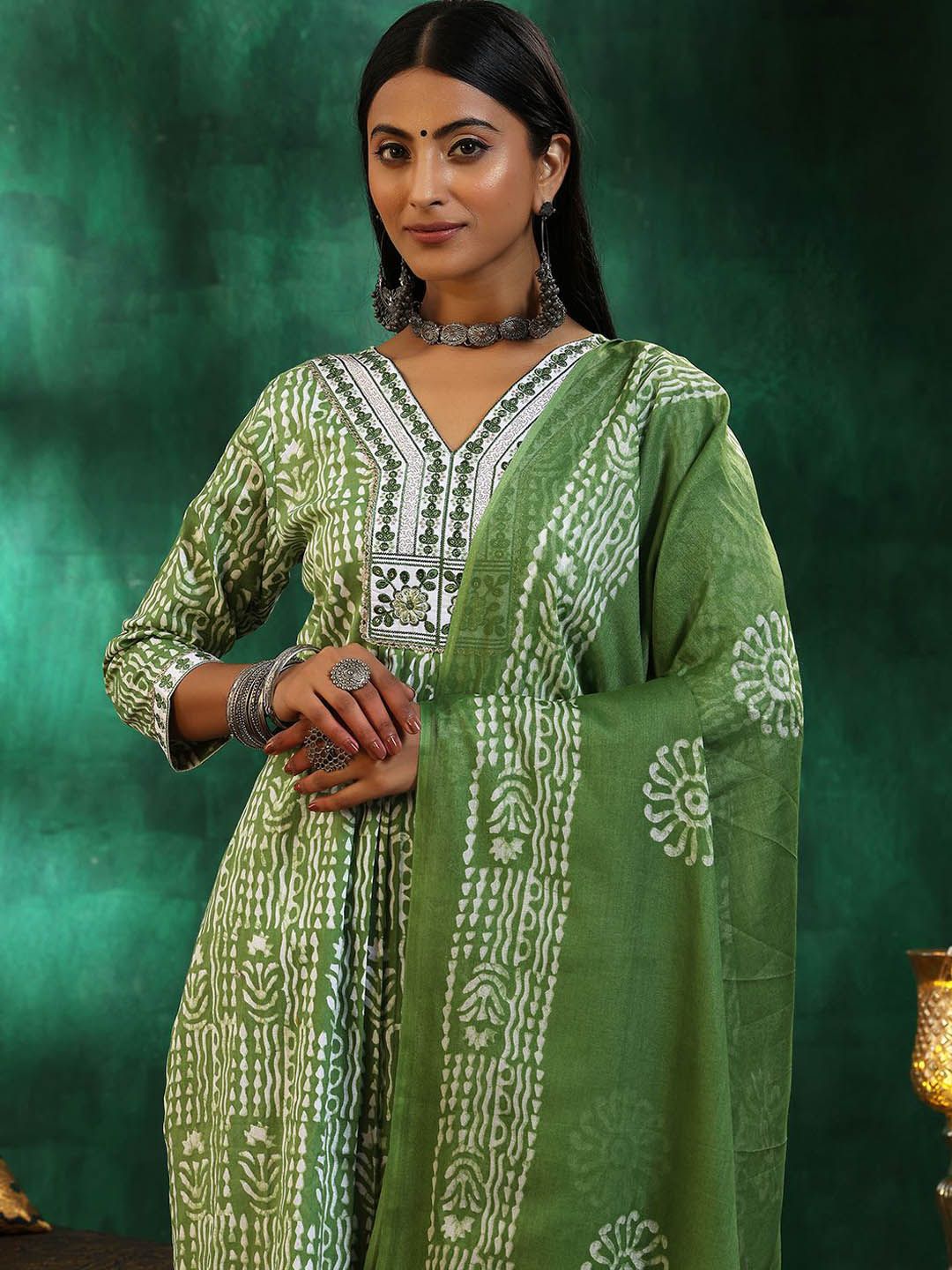 Libas Floral Printed Beads and Stones Pure Cotton A Line Kurta with Trousers & Dupatta