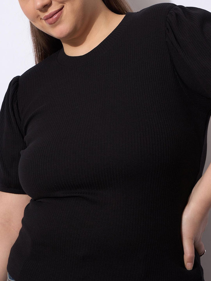 SASSAFRAS Women Round Neck Puff Sleeve Top