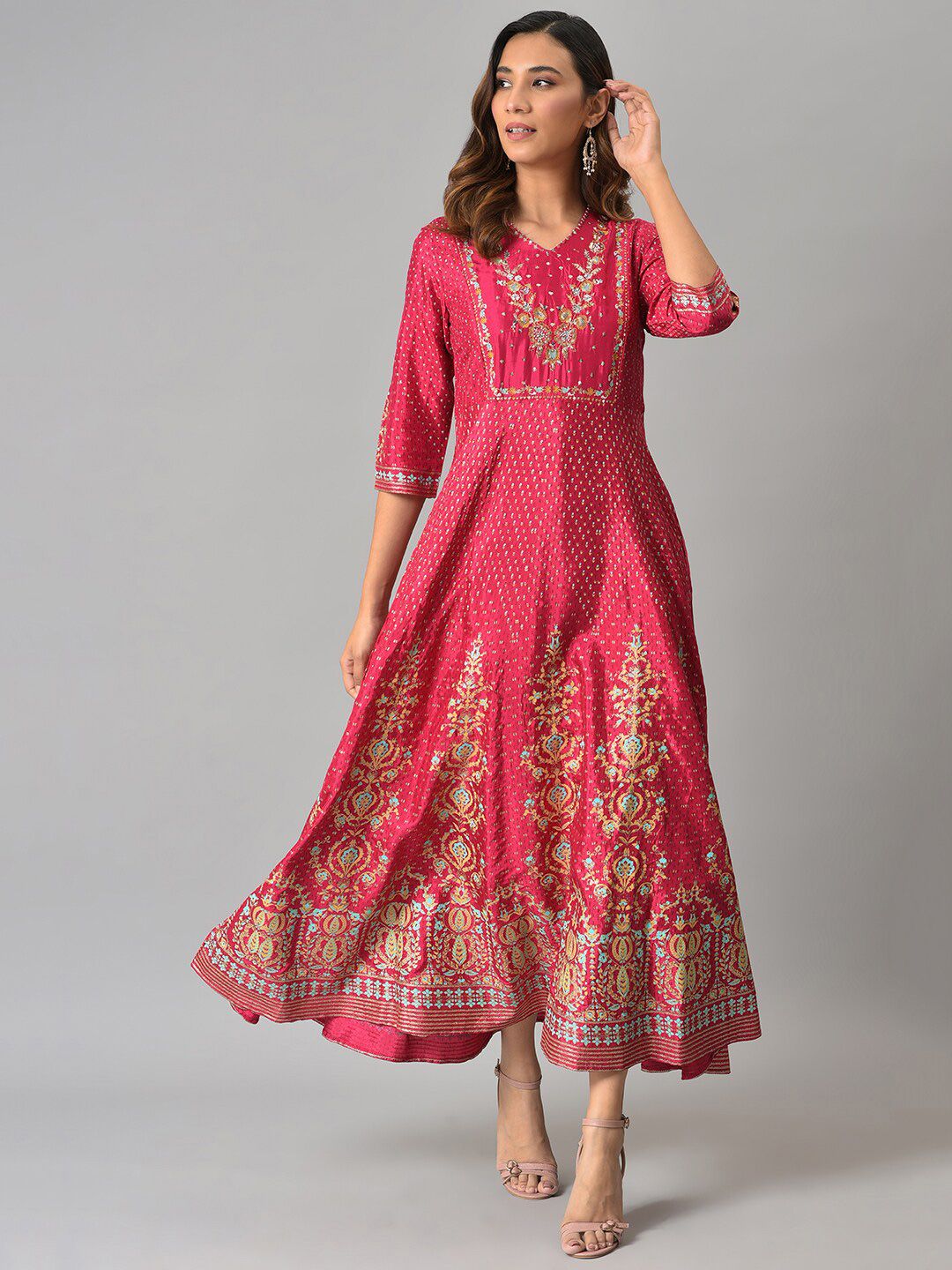 W Women Pink & Blue Ethnic Motifs Printed Maxi Dress