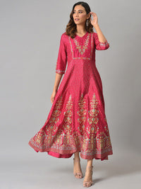 W Women Pink & Blue Ethnic Motifs Printed Maxi Dress