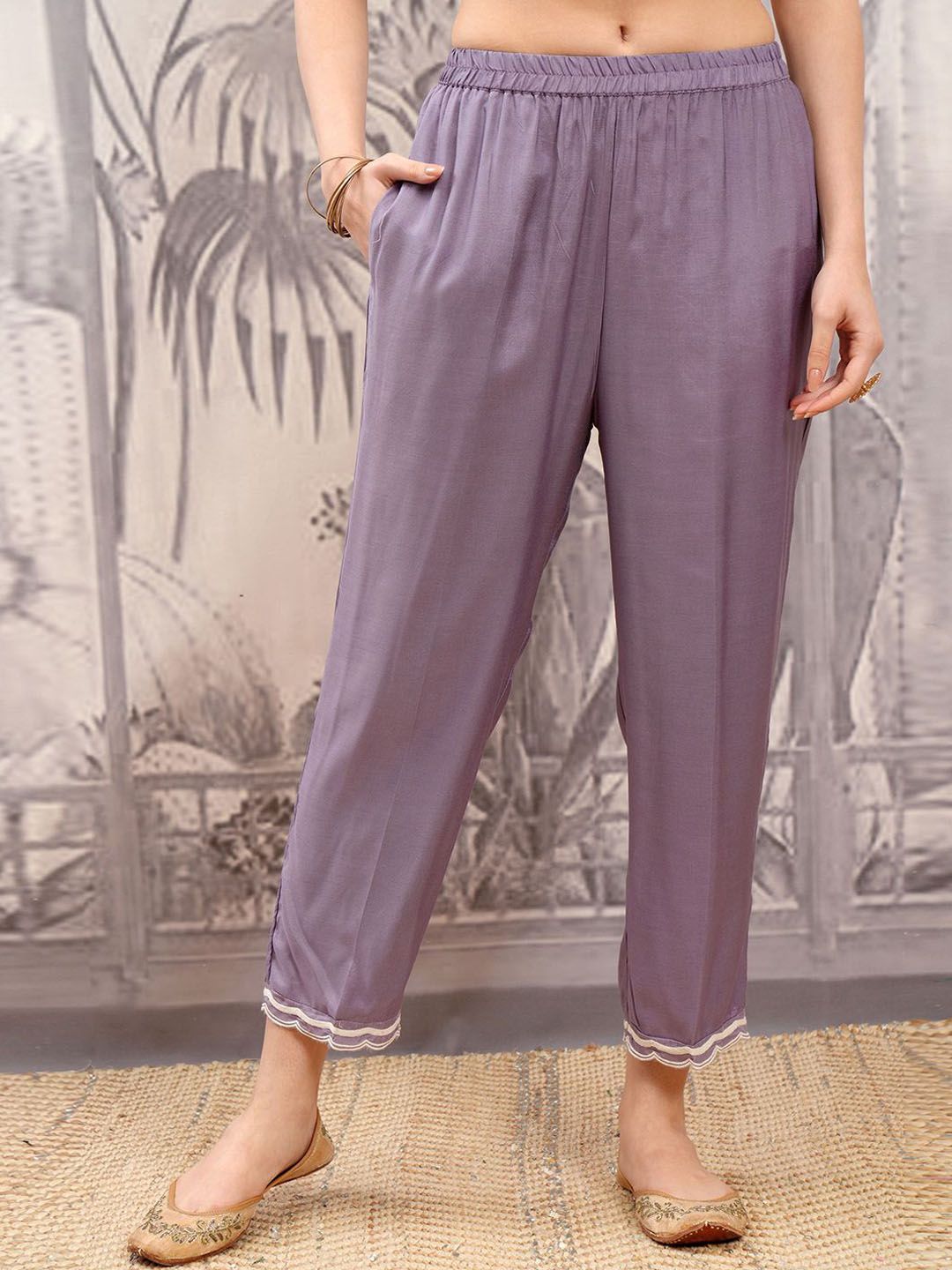 Vishudh Purple Embroidered Notch Neck Thread Work Straight Kurta With Trousers & Dupatta