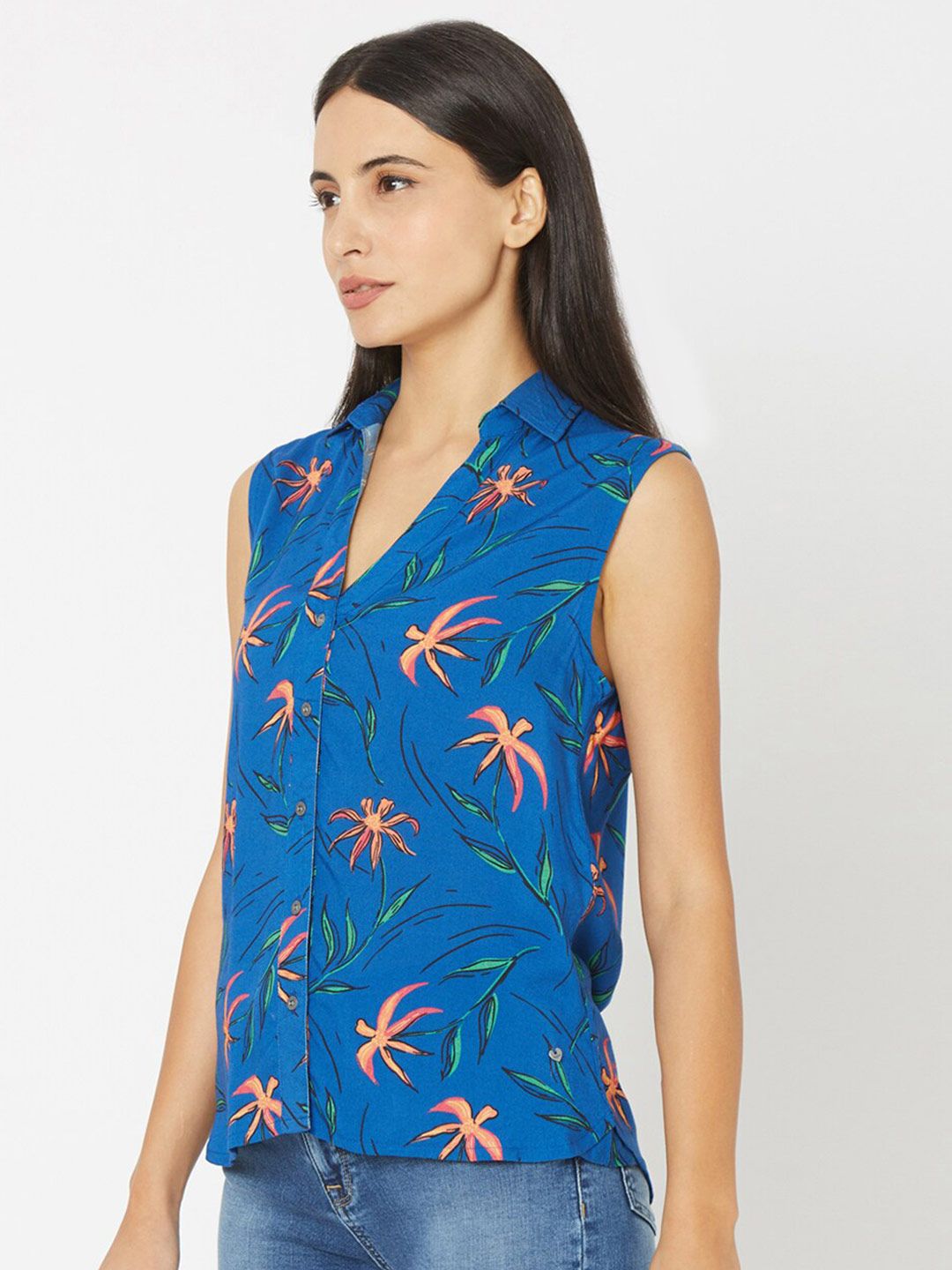 SPYKAR Blue & Orange Tropical Print Tropical Shirt Style Top