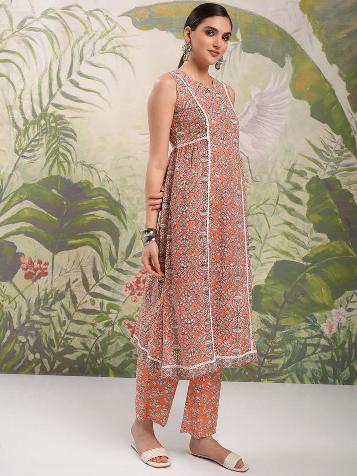 Vishudh Brown Floral Printed Keyhole Neck Pure Cotton A-Line Kurta With Trousers & Dupatta