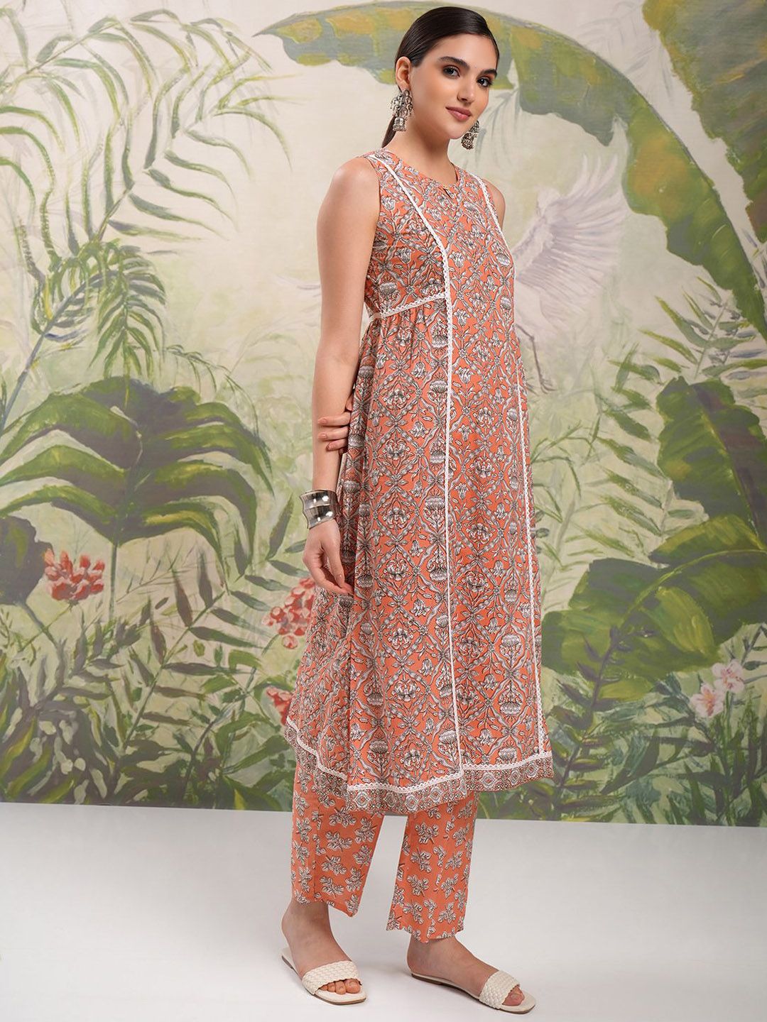 Vishudh Brown Floral Printed Keyhole Neck Pure Cotton A-Line Kurta With Trousers & Dupatta