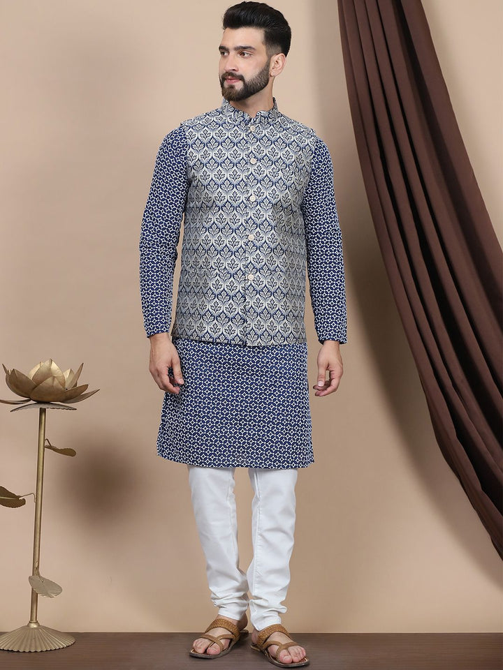 Anouk Navy Blue Ethnic Motifs Printed Straight Pure Cotton Kurta with Churidar