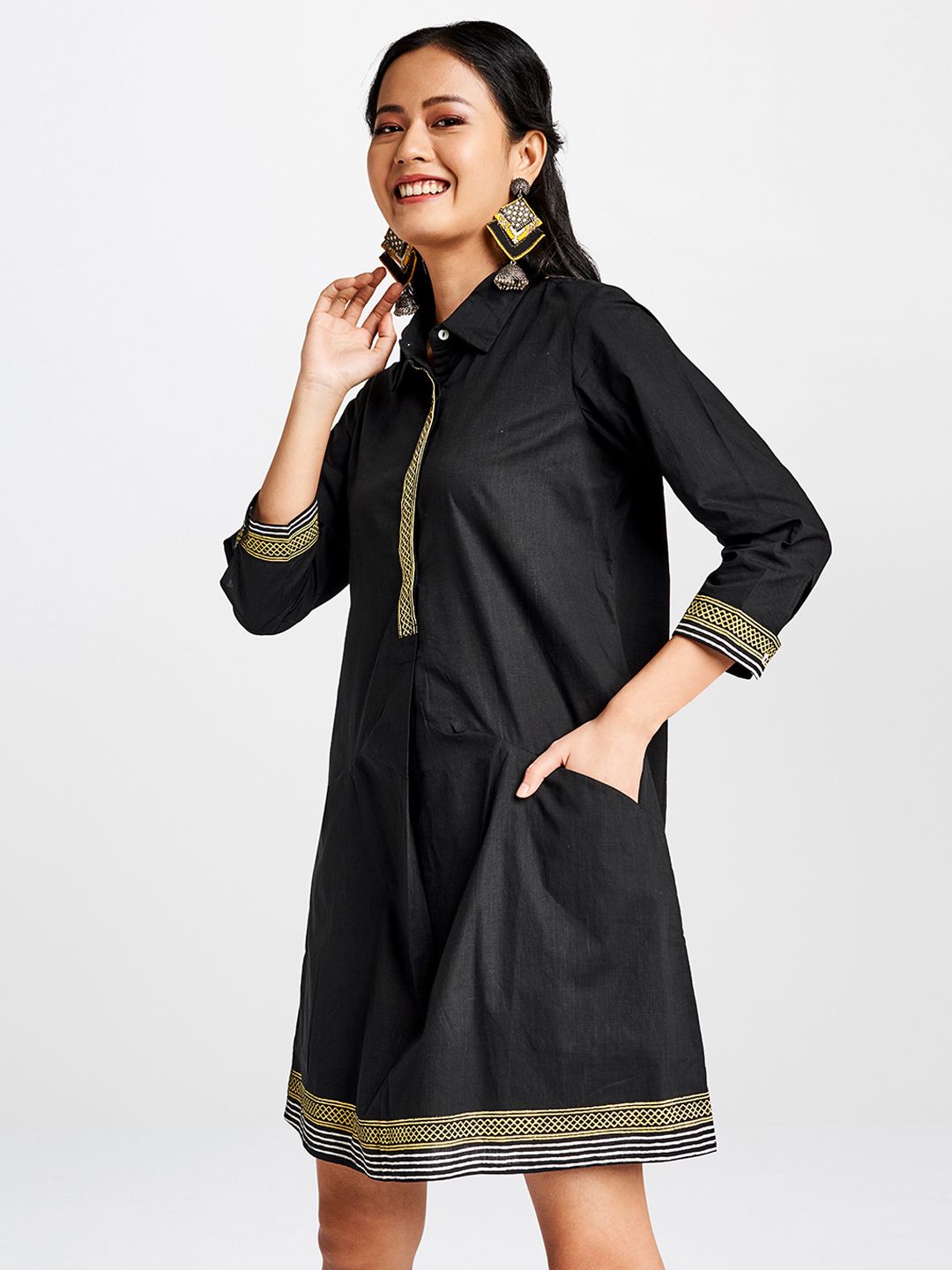 Global Desi Women Black Printed A-Line Dress