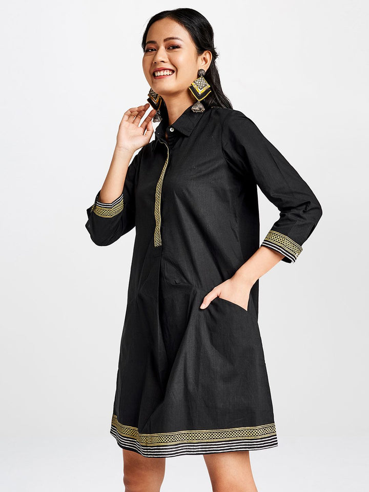 Global Desi Women Black Printed A-Line Dress