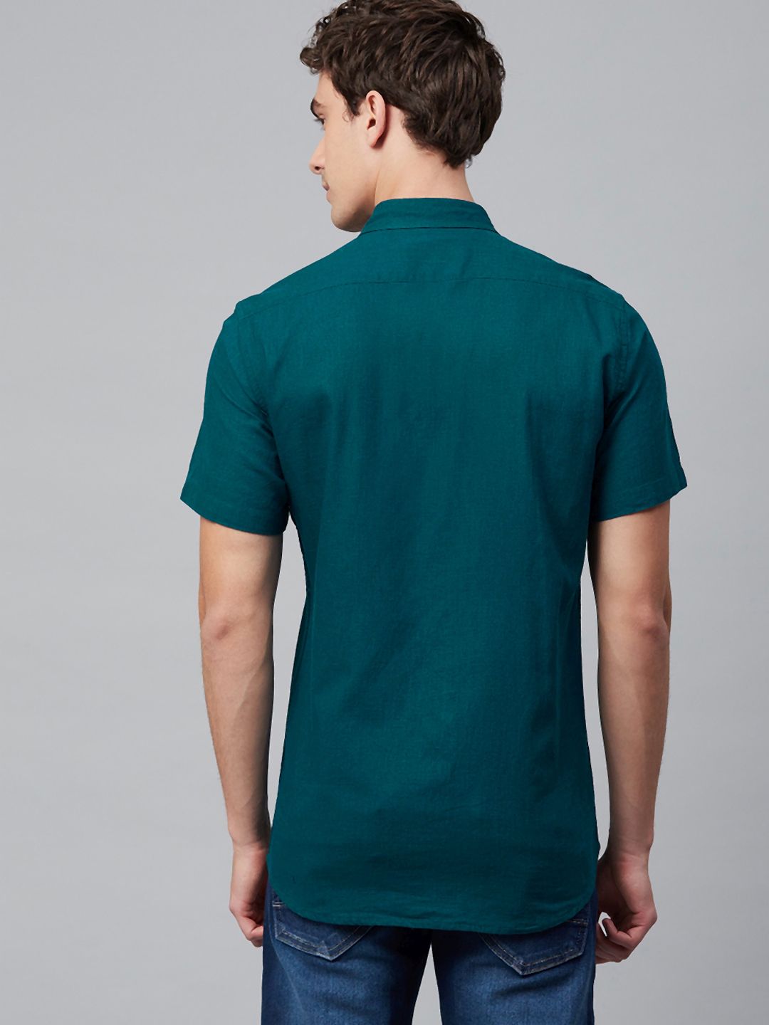 DENNISON Men Teal Green Smart Slim Fit Solid Cotton Linen Casual Shirt