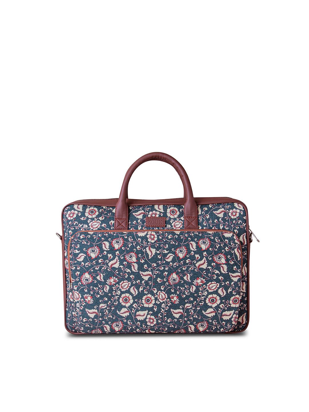 ZOUK Unisex Blue & Brown Kalamkari Printed Vegan Leather Laptop Bag