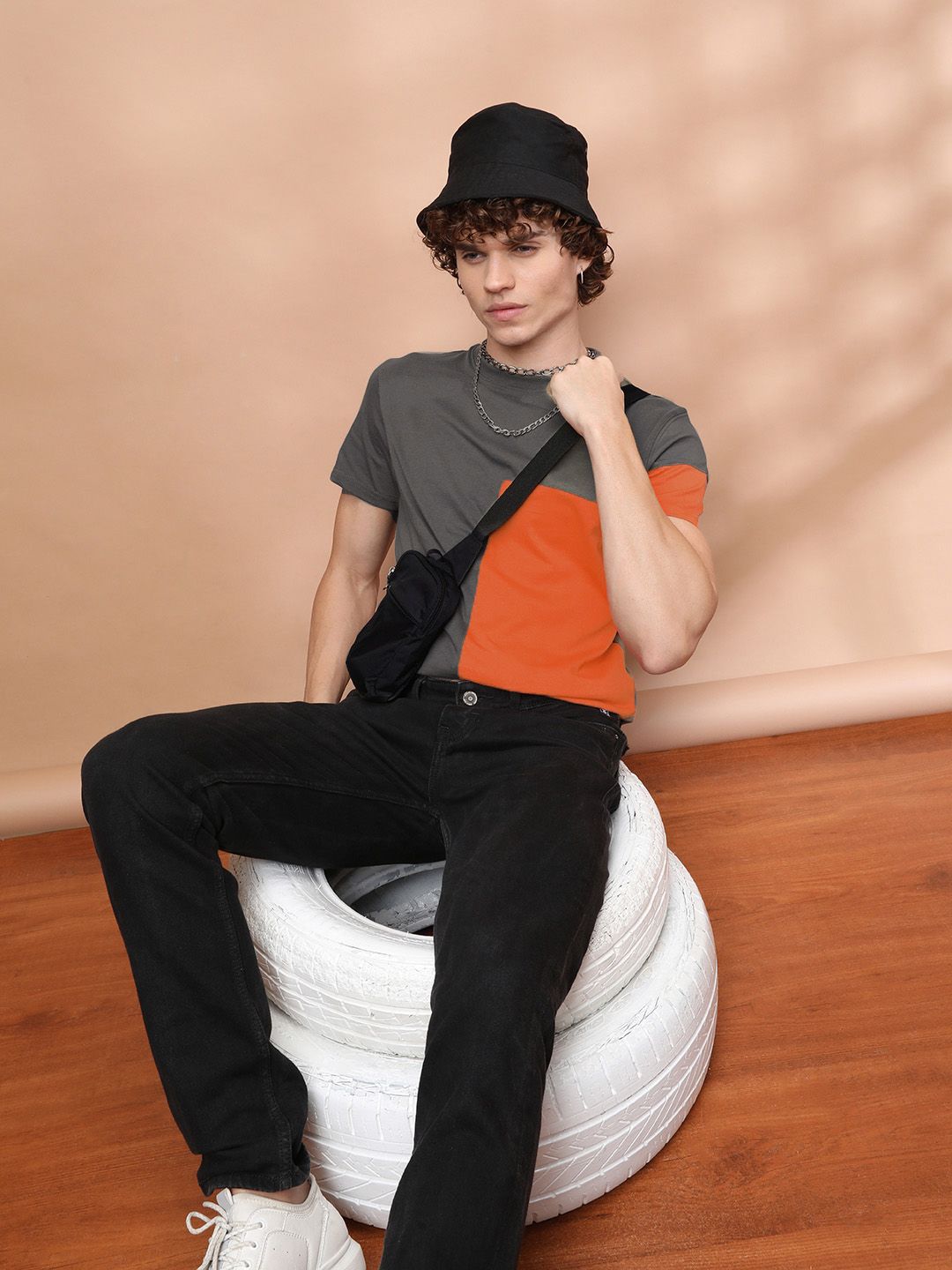 The Indian Garage Co Men Grey  Orange Colourblocked Round Neck Pure Cotton T-shirt