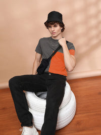 The Indian Garage Co Men Grey  Orange Colourblocked Round Neck Pure Cotton T-shirt