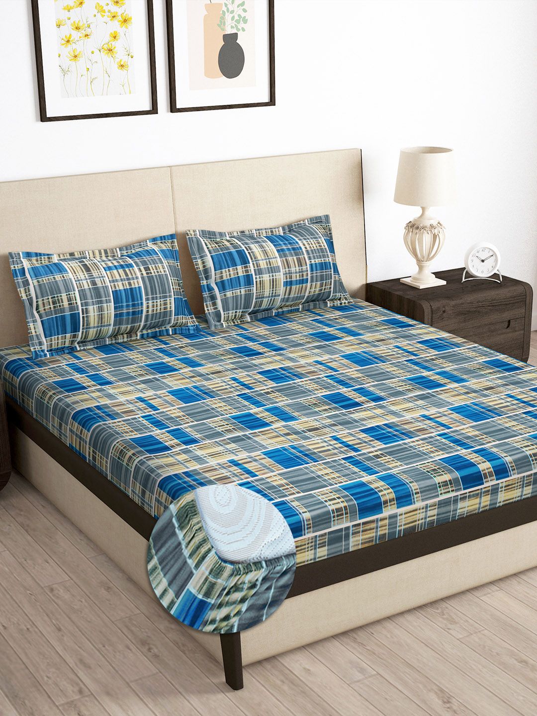Story@home Arena Grey & Blue Printed 180 TC Fitted King Bedsheet & 2 Pillow Covers