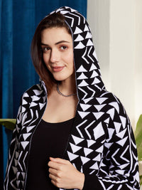 Berrylush Black & White Geometric Printed Hooded Longline Front Open Sweater