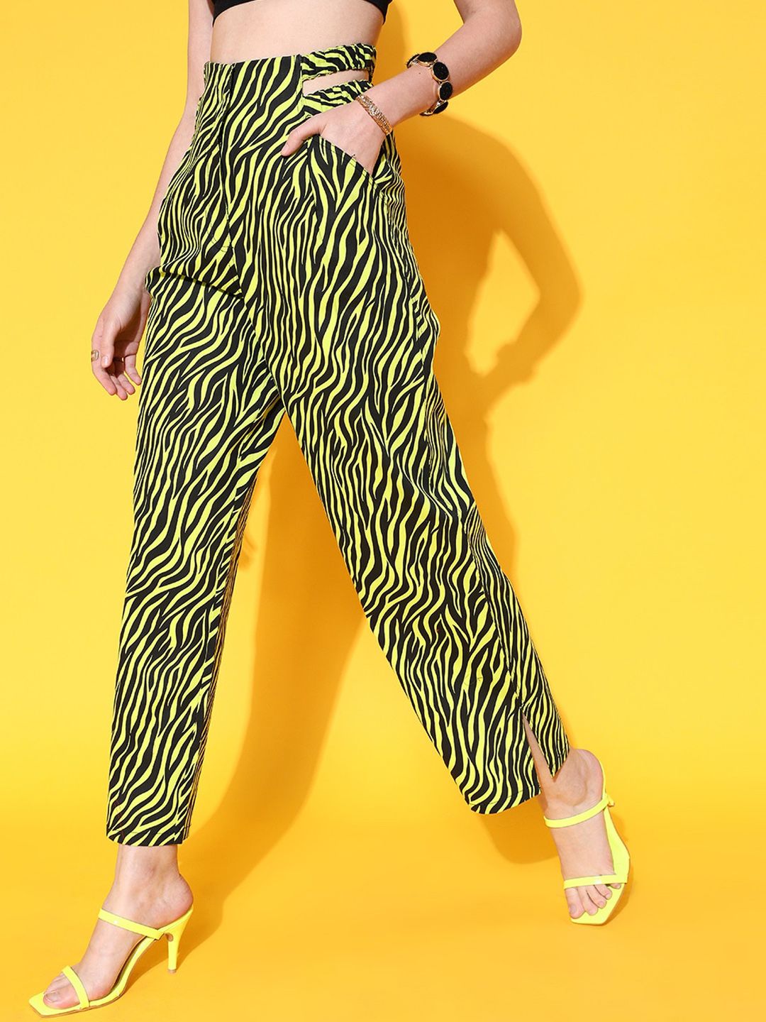 STREET 9 Women Attractive Lime Green Striped Trousers