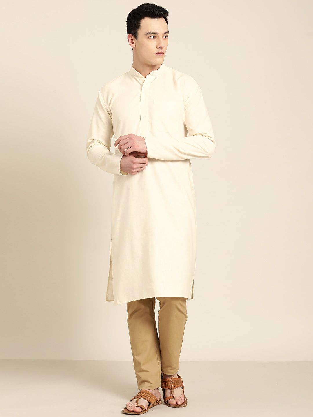 SOJANYA Kurta Lurus Pepejal Berwarna Krim Lelaki