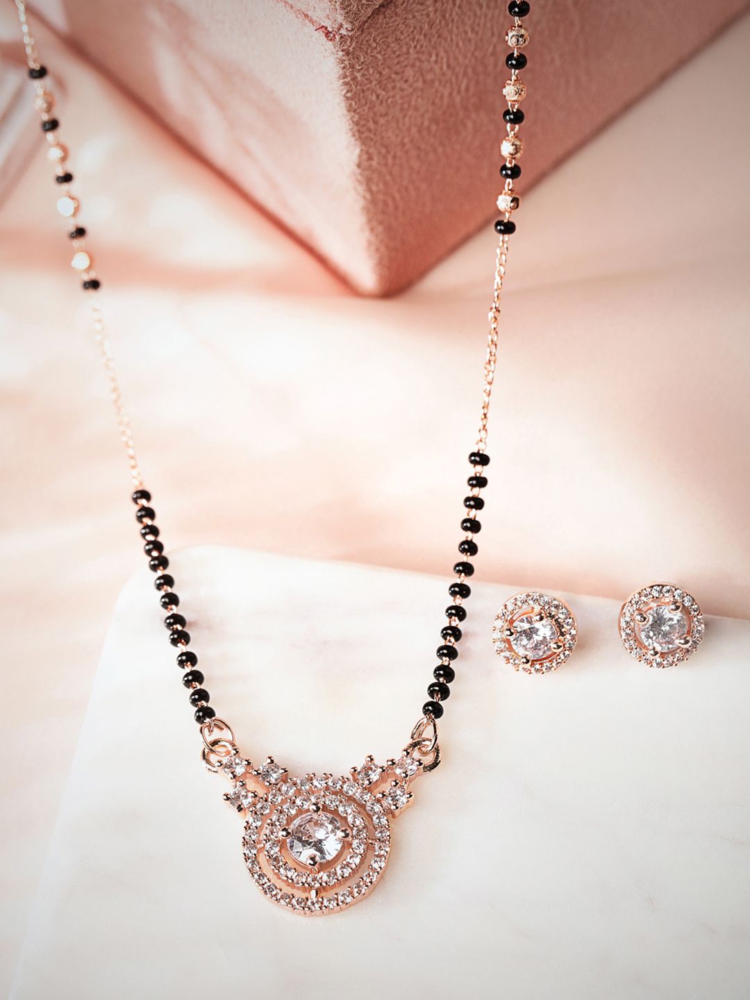 Rubans 18K Rose Gold-Plated Cubic Zirconia Studded Mangalsutra Set with Black Beads