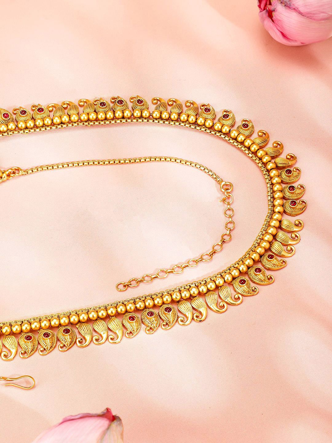 Rubans 22K Gold-Plated Ruby Studded Paisley Shaped Traditional Waist Chain Kamarbandh