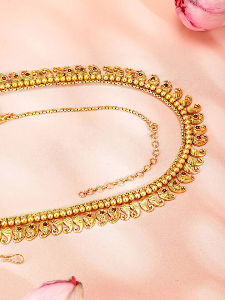 Rubans 22K Gold-Plated Ruby Studded Paisley Shaped Traditional Waist Chain Kamarbandh