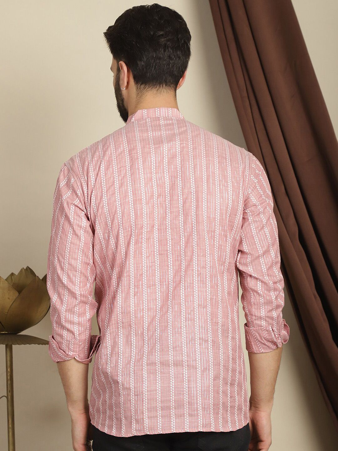 Kurta Kerja Benang Kapas Berjalur Anouk Kolar Mandarin Lengan Panjang