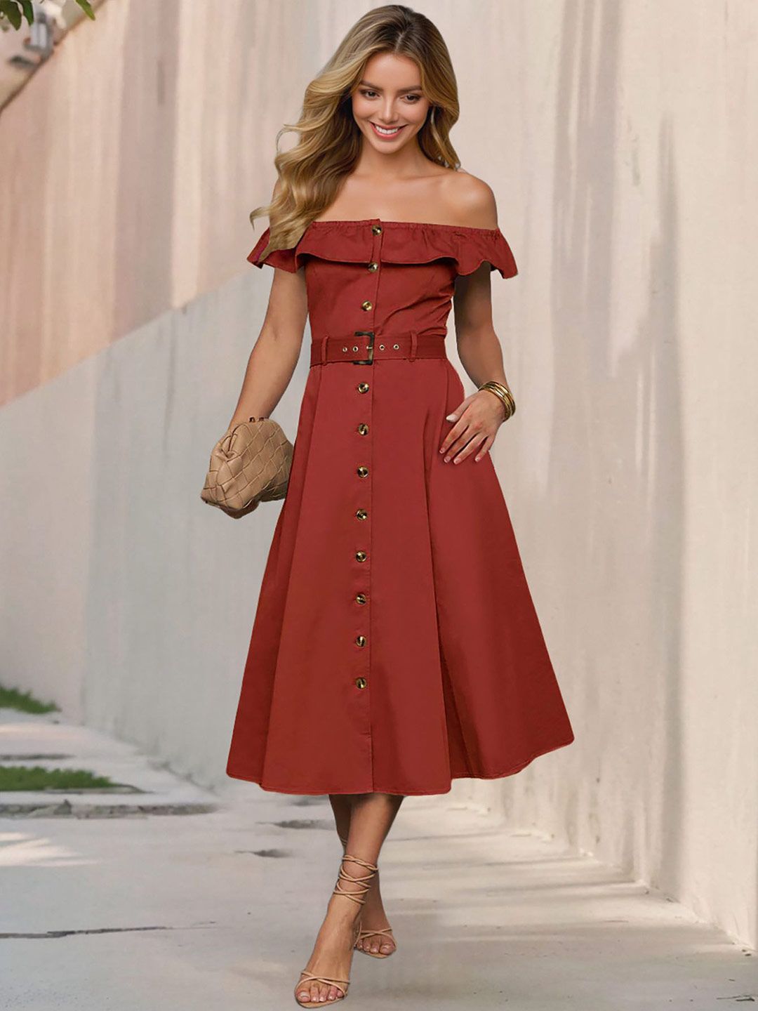 all about you Women Solid Belted Off-Shoulder A-Line Midi Dress