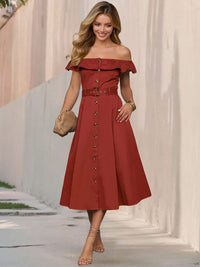 all about you Women Solid Belted Off-Shoulder A-Line Midi Dress