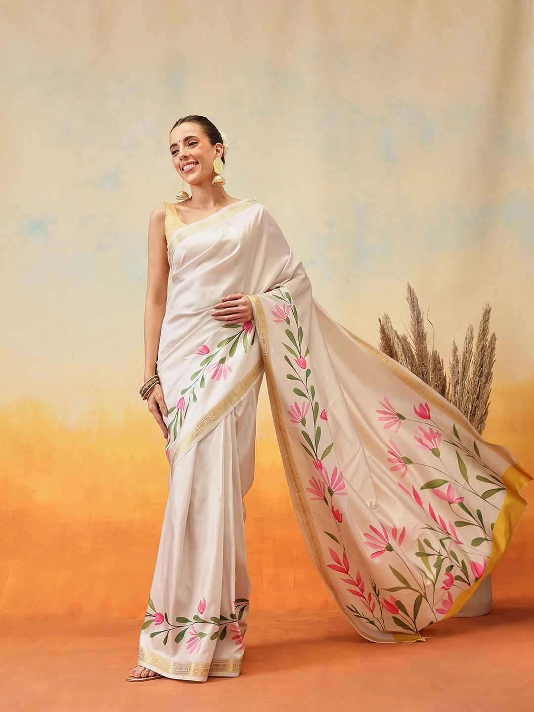 Silk Land Floral Printed Zari Ready to Wear Kasavu Saree