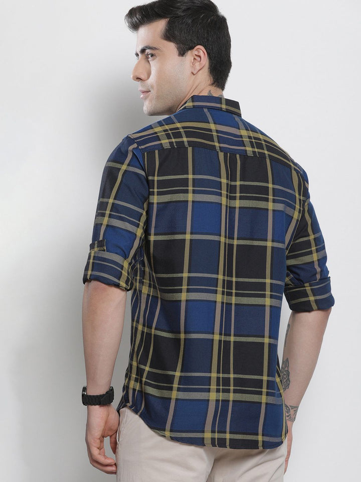The Indian Garage Co Men Blue & Black Checked Pure Cotton Casual Shirt