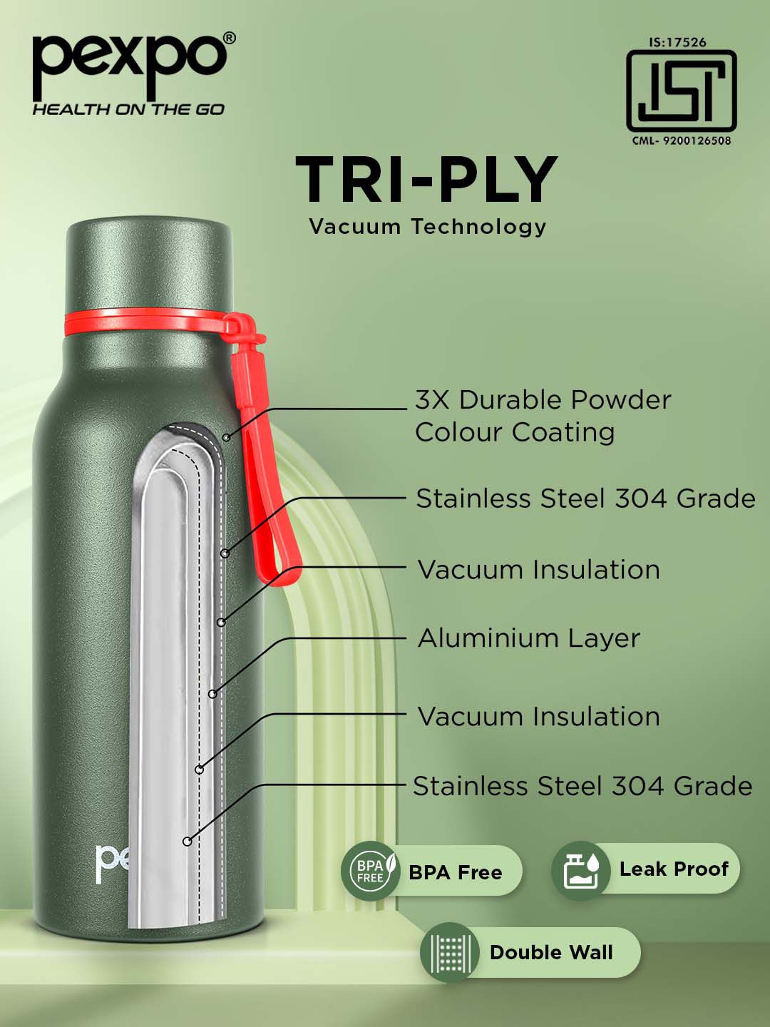 Pexpo Bosco Green Double wall Thermosteel Hot & Cold Green Insulated Water Bottle 600ml