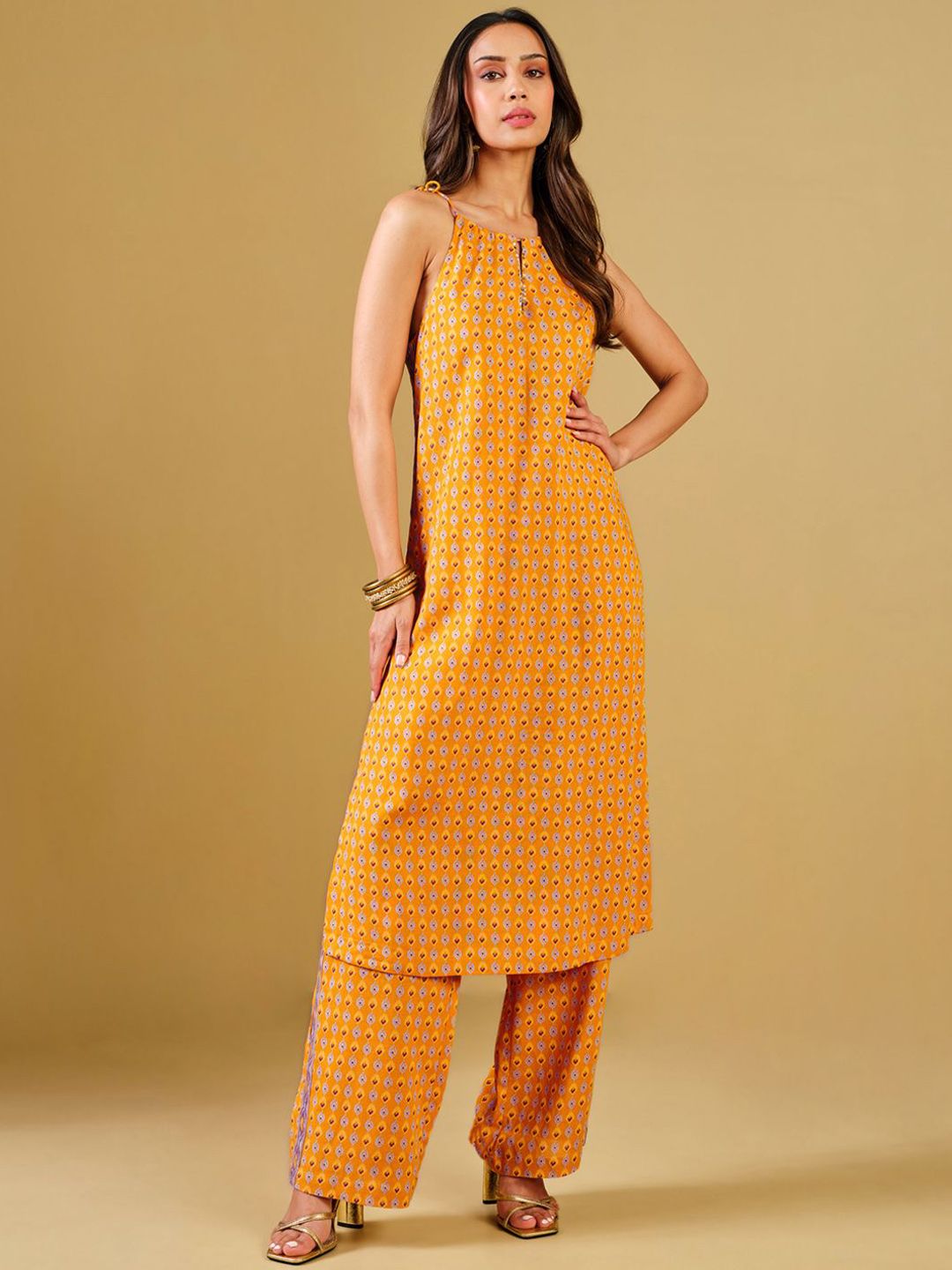 Global Desi Ethnic Motifs Printed Shoulder Straps Sequinned Straight Kurta with Trousers