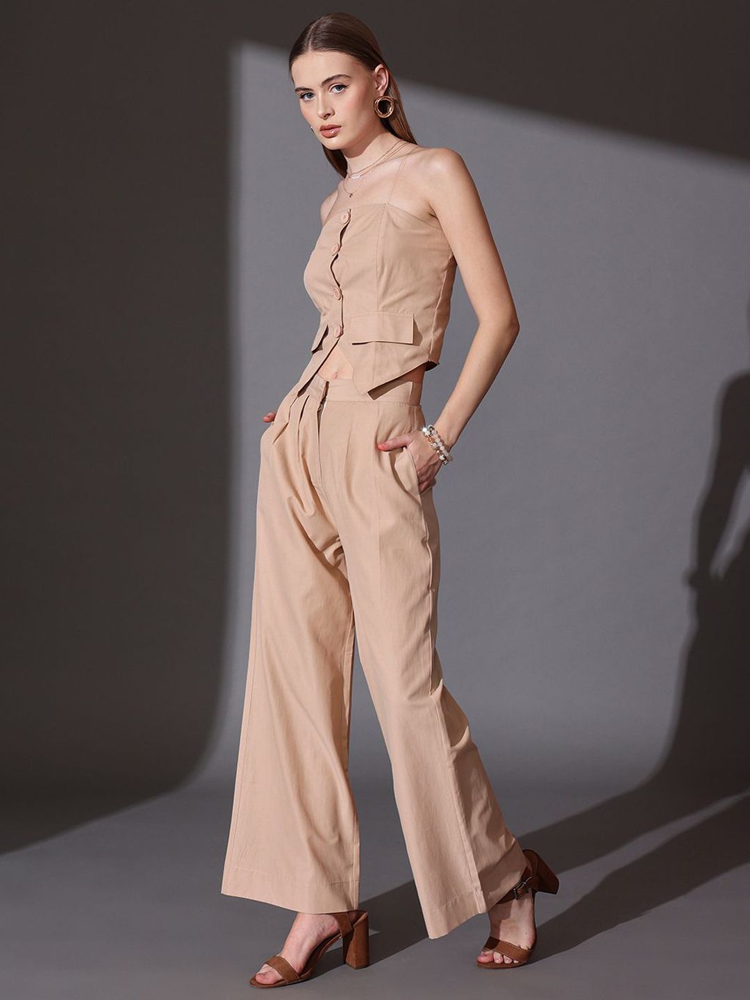 STREET 9 Solid Off Shoulder Shirt With Flared Trousers Co-Ords