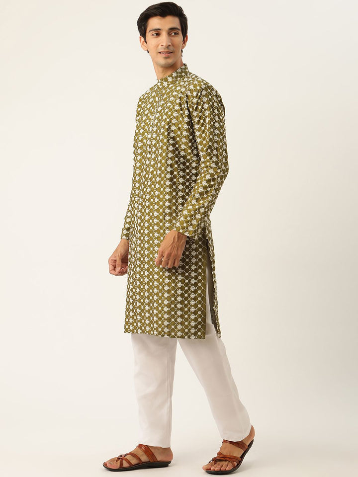 SOJANYA Set Kurta Sulam Lelaki Motif Etnik Hijau Dengan Jaket Nehru