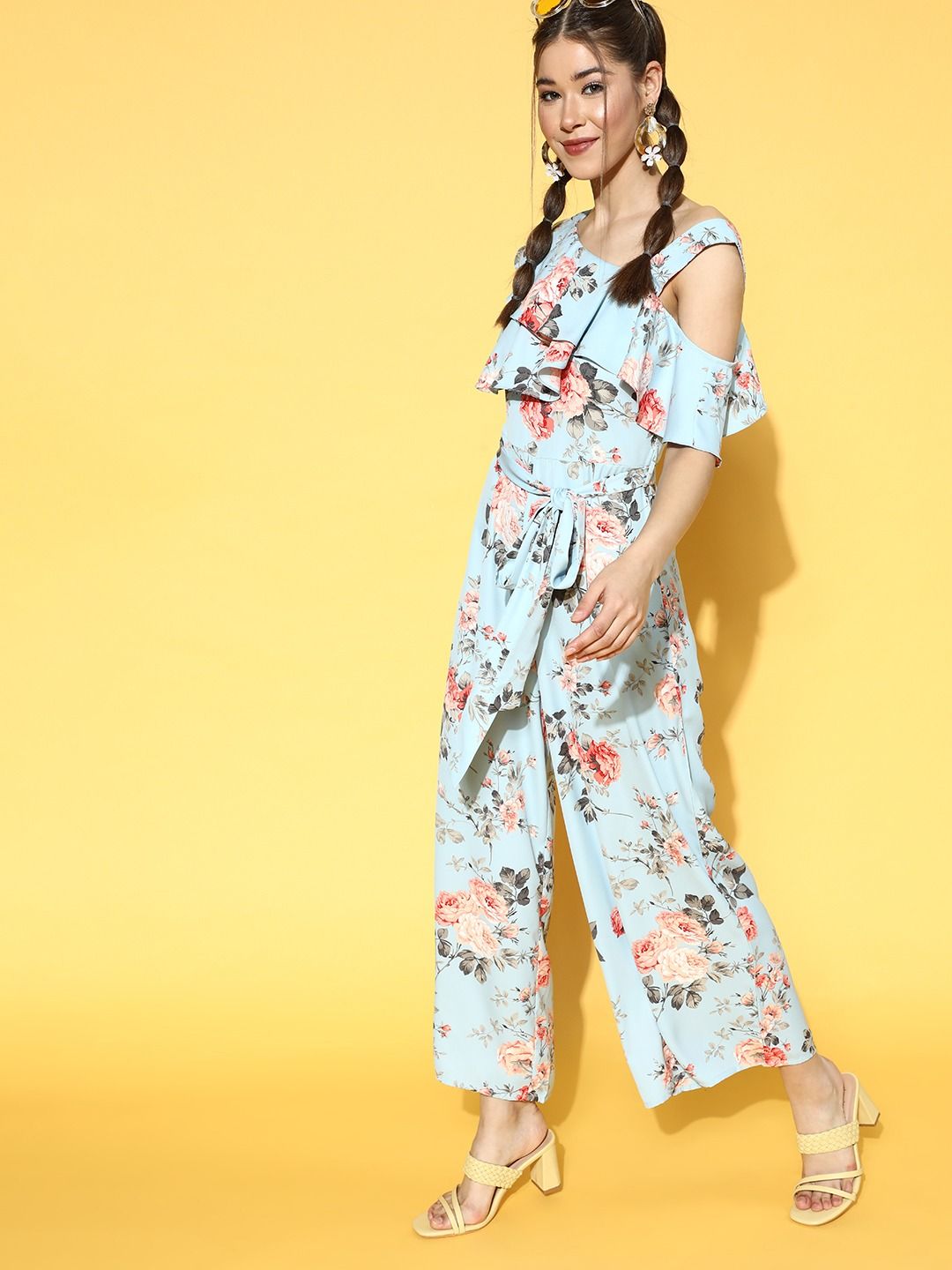 Berrylush Blue & Red Printed Basic Jumpsuit with Ruffles