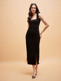 SASSAFRAS BASICS Self Design Shoulder Straps Bodycon Midi Dress