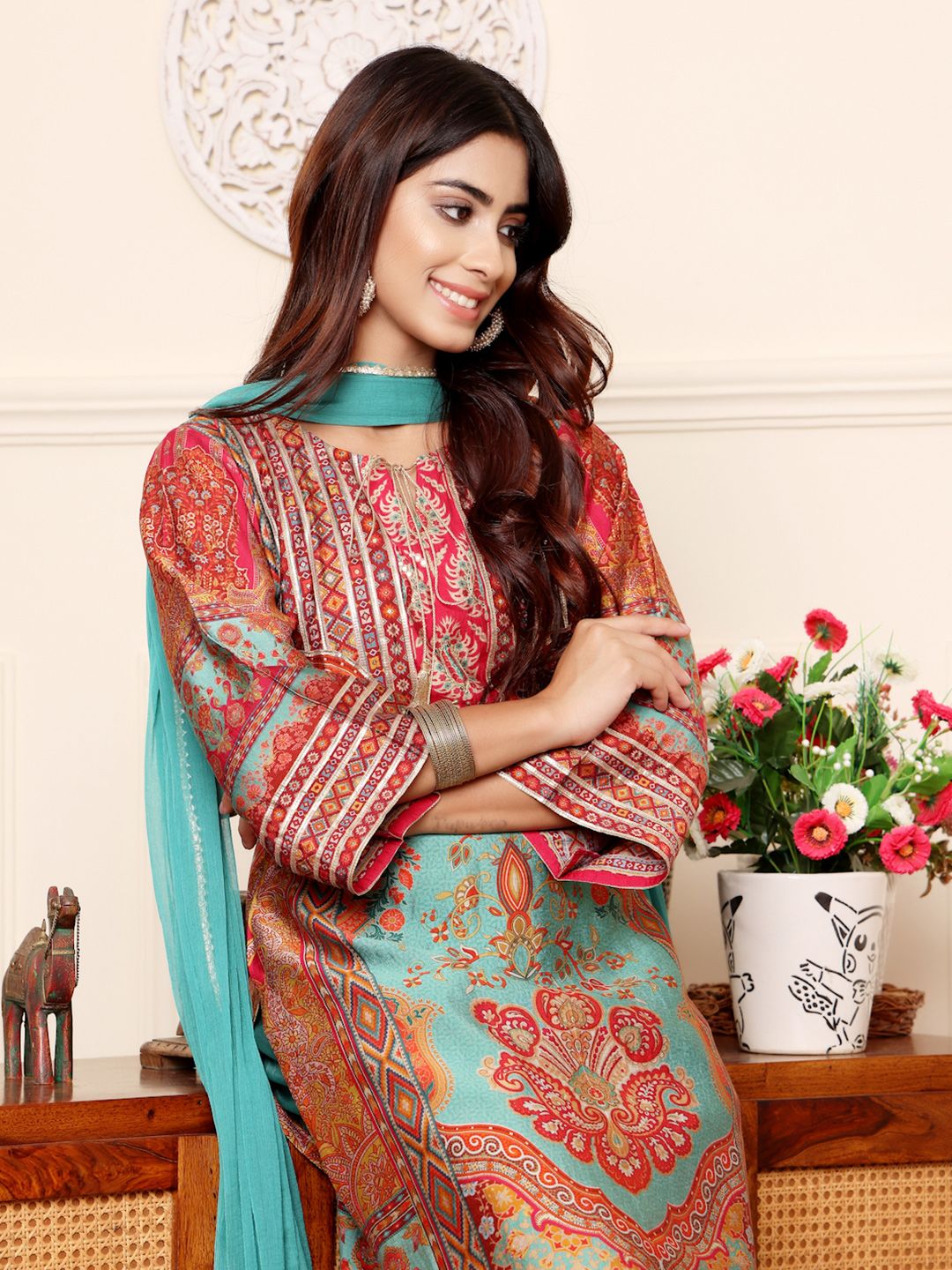 Varanga Ethnic Motifs Printed Chanderi Silk Kurta With Trousers And Dupatta