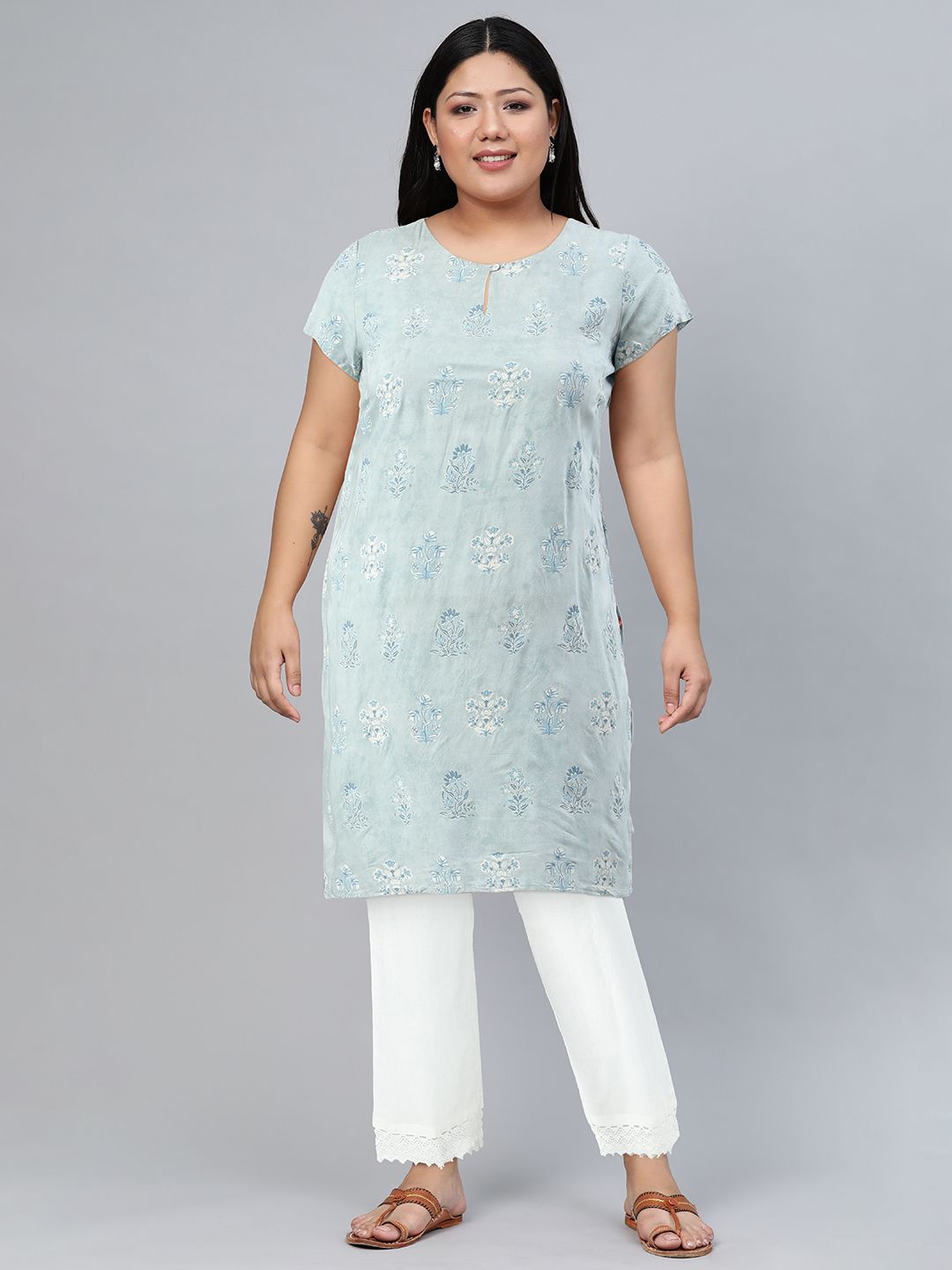 W Women Blue Printed Straight Kurta