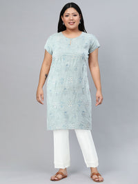 W Women Blue Printed Straight Kurta