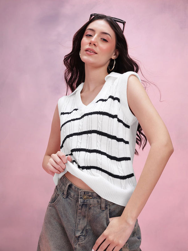 DressBerry Striped Cable Knit Shirt Collar Pullover