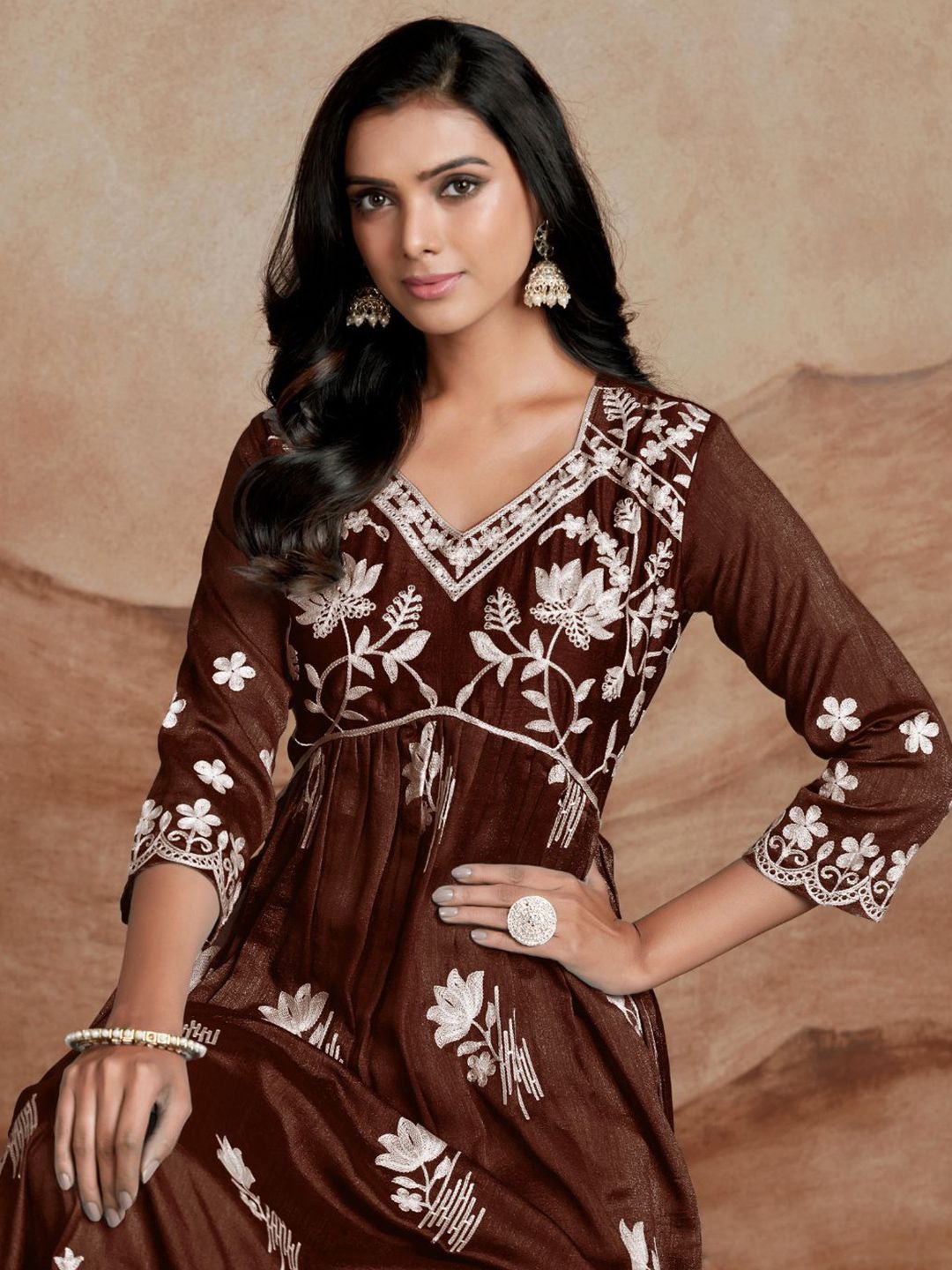 KALINI Floral Embroidered V Neck A Line Chikankari Kurta