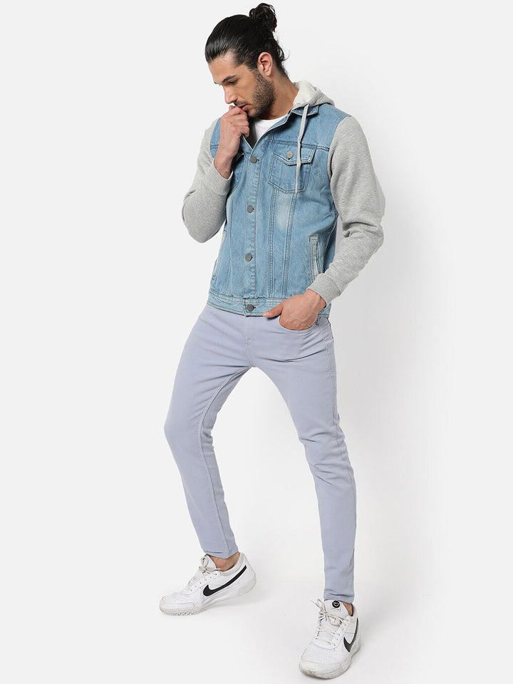 Campus Sutra Men Blue Grey Washed Colourblocked Windcheater Outdoor Denim Jacket