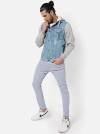 Campus Sutra Men Blue Grey Washed Colourblocked Windcheater Outdoor Denim Jacket