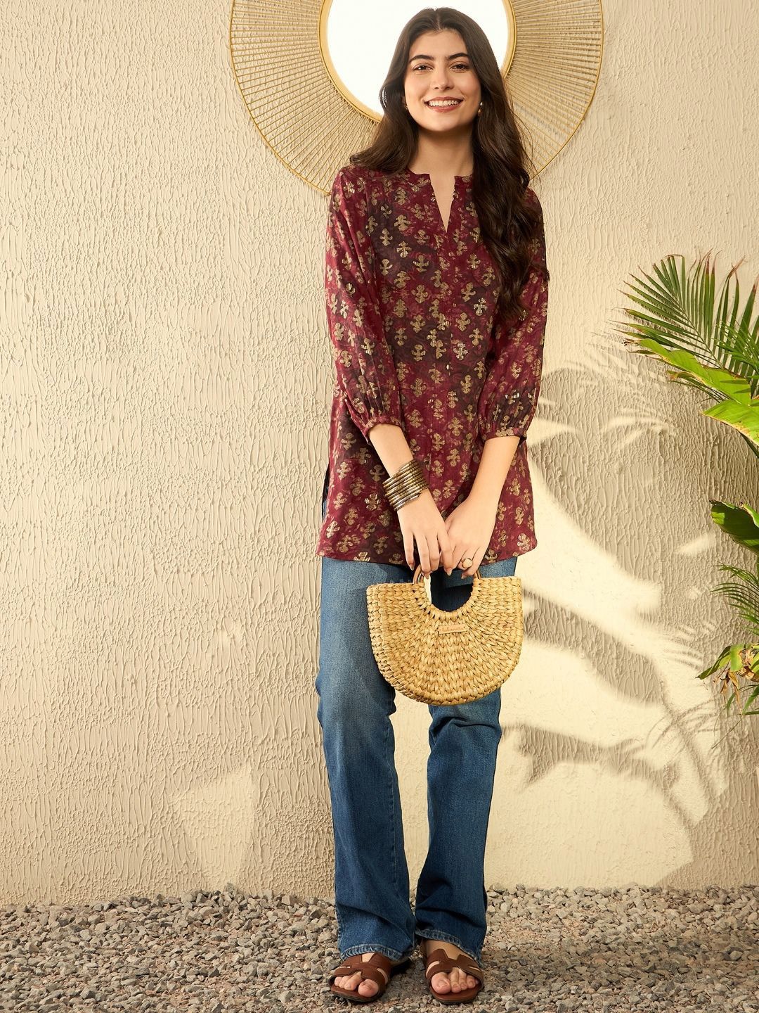 KALINI Floral Print Mandarin Collar Top