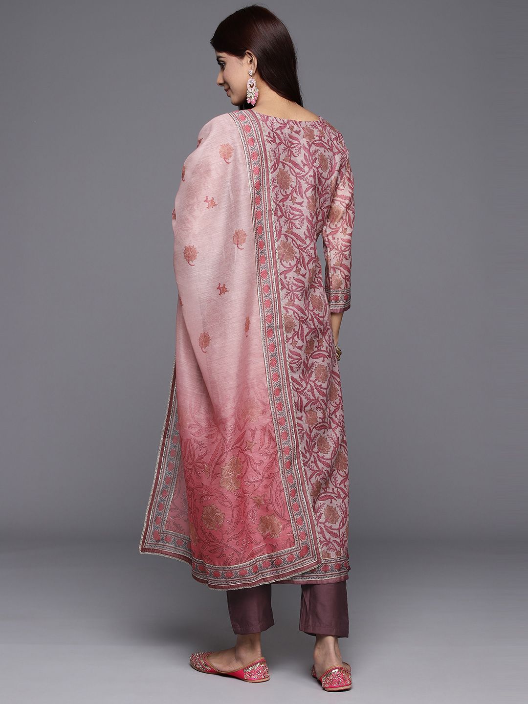 Libas Floral Yoke Design Regular Mirror Work Kurta With Trousers & With Dupatta