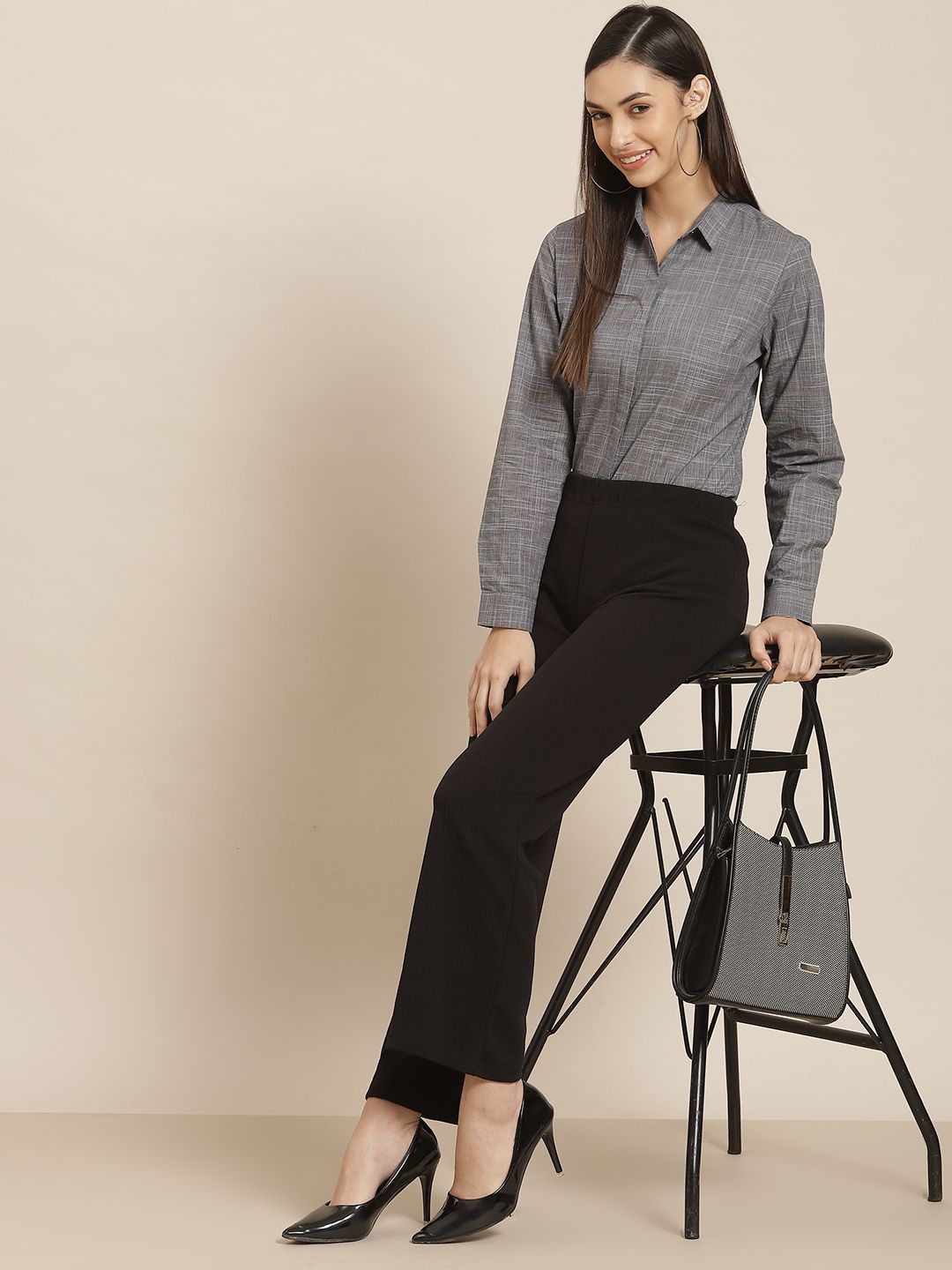 Hancock Women Grey Standard Slim Fit Cotton Formal Shirt