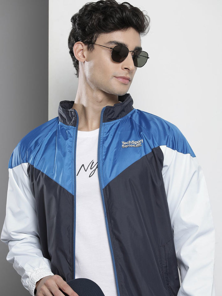 The Indian Garage Co Men Blue & White Colourblocked Windcheater Jacket